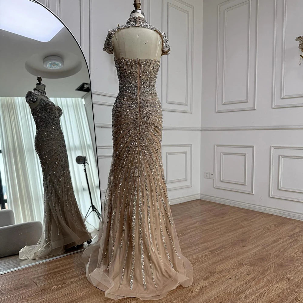 Nude Mermaid Evening Dress with Detachable Beaded High Neck LA73087 - SERENE HILL