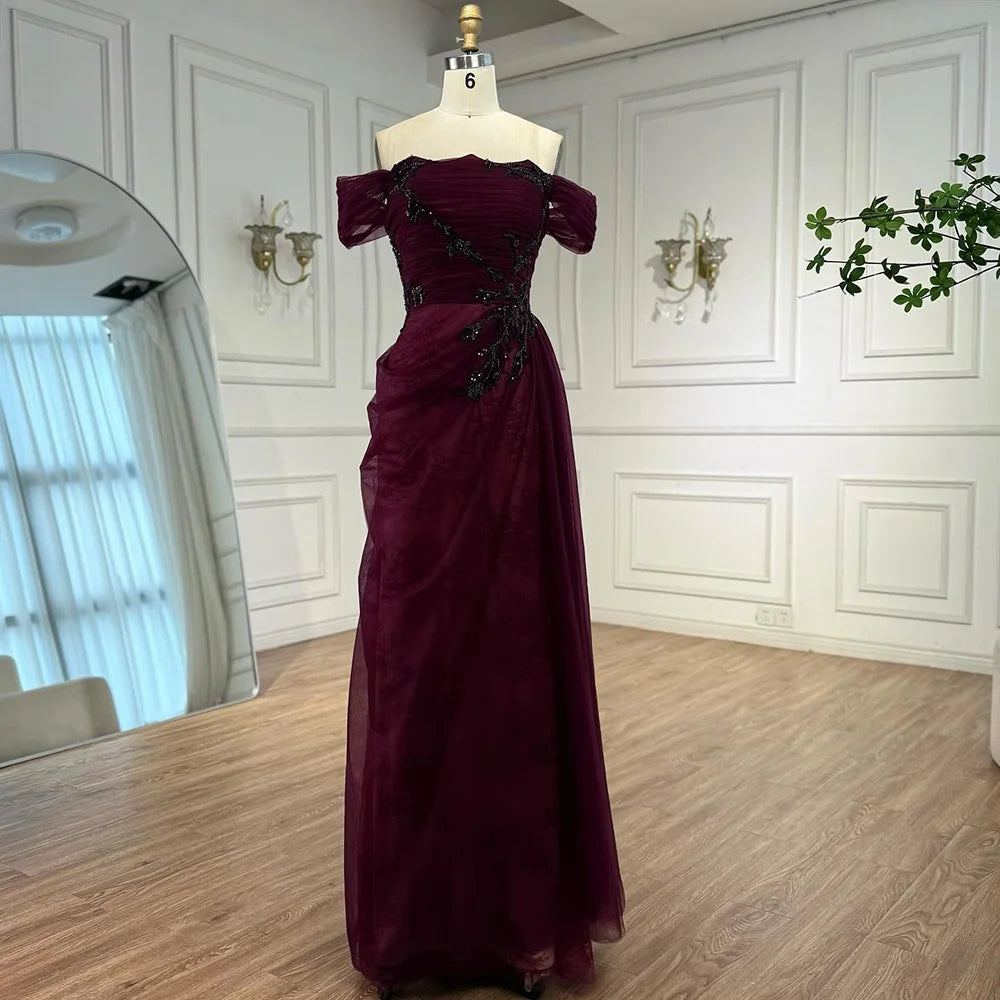 Elegant Wine Red Off Shoulder Lace Evening Dress with Appliques LA73010 - SERENE HILL