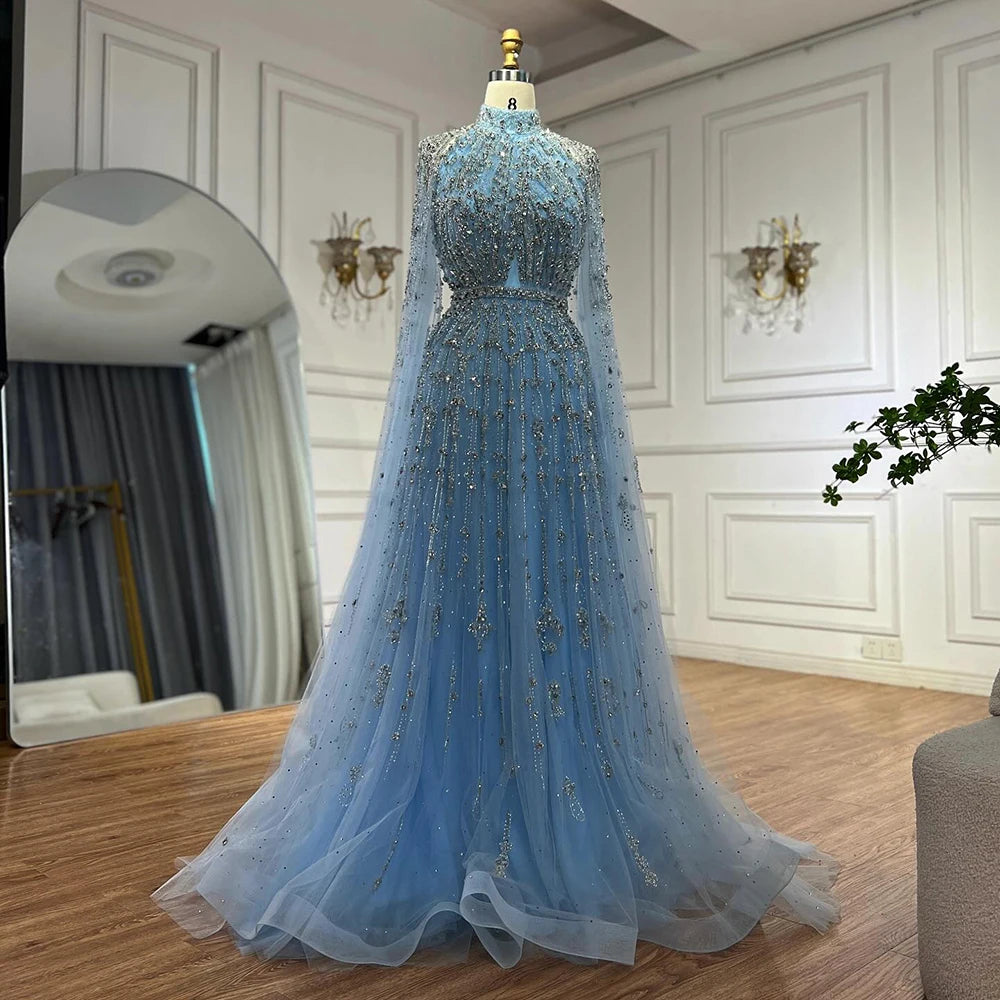 Luxury Blue Beaded A-Line Evening Gown with Cape Sleeves LA71803G - SERENE HILL