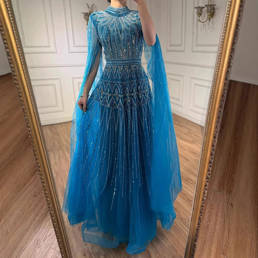 Luxury Arabic Blue Beaded Evening Dress with Cape Sleeves LA73187 - SERENE HILL