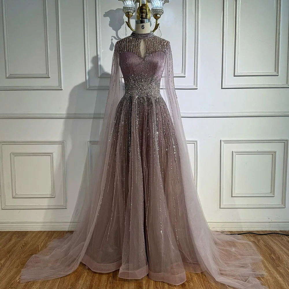 Luxury Modest Blue Beaded Evening Dress with Cape LA73059 - SERENE HILL