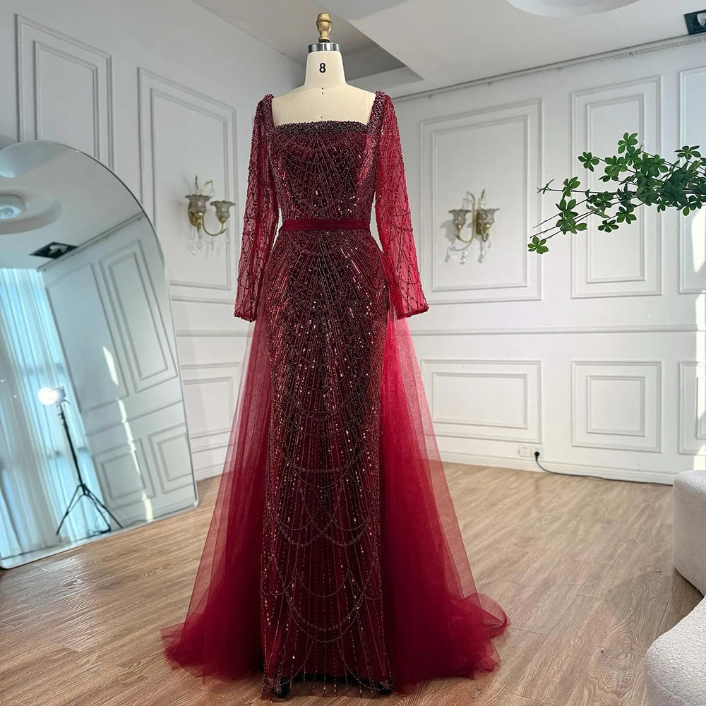 Blue Square Evening Dress With Long Sleeve Plus Size LA72032N - SERENE HILL