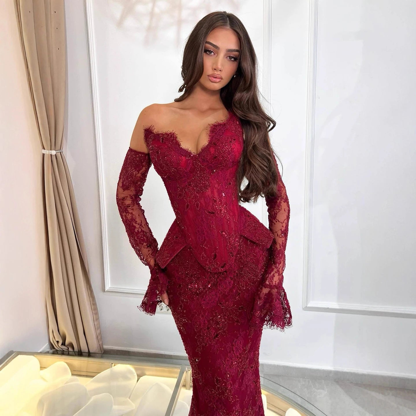 Luxury Wine Red Lace Beaded Mermaid Evening Dress LA73341 - SERENE HILL