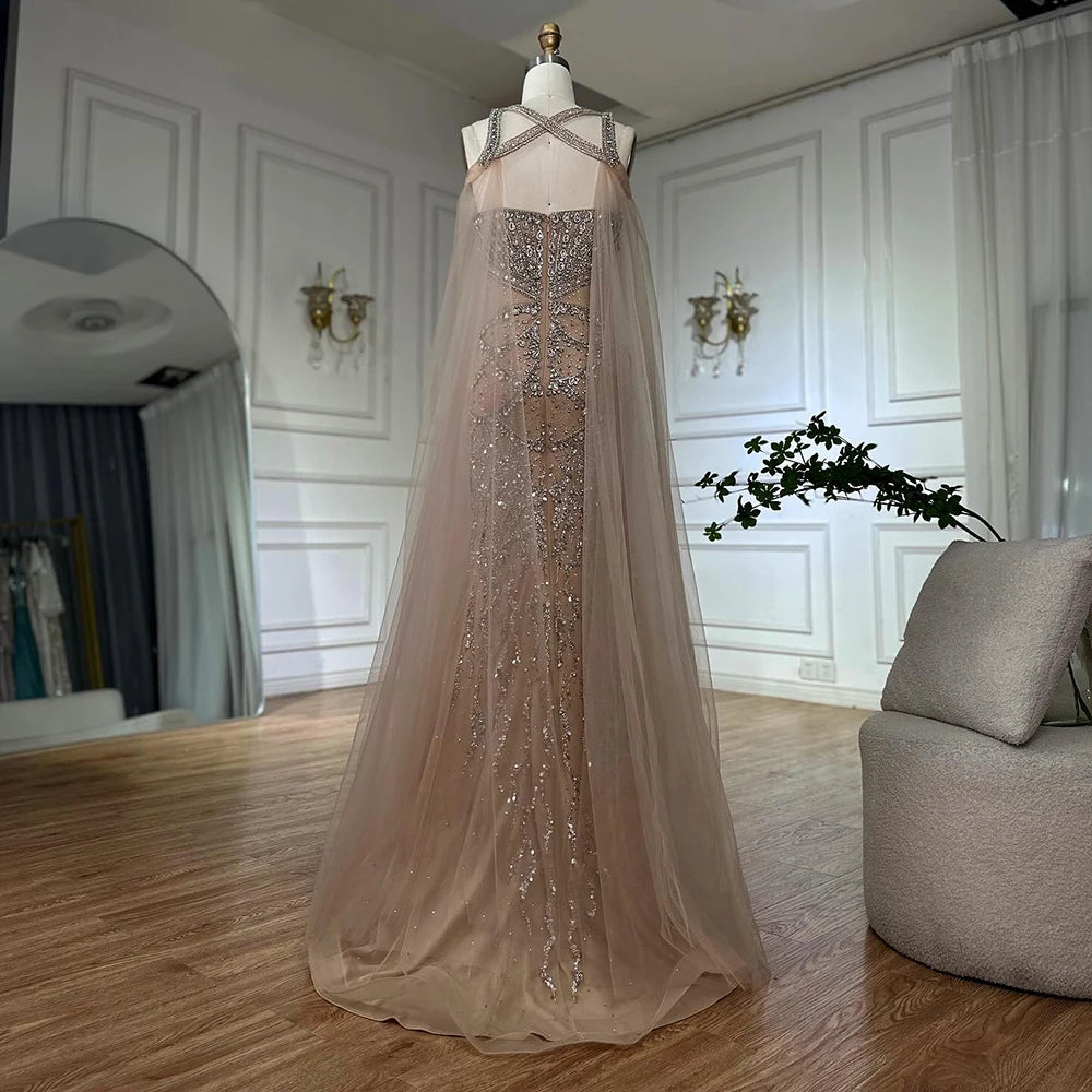 Luxury Nude Cape Sleeves Beaded Crystal Evening Dress LA72806 - SERENE HILL