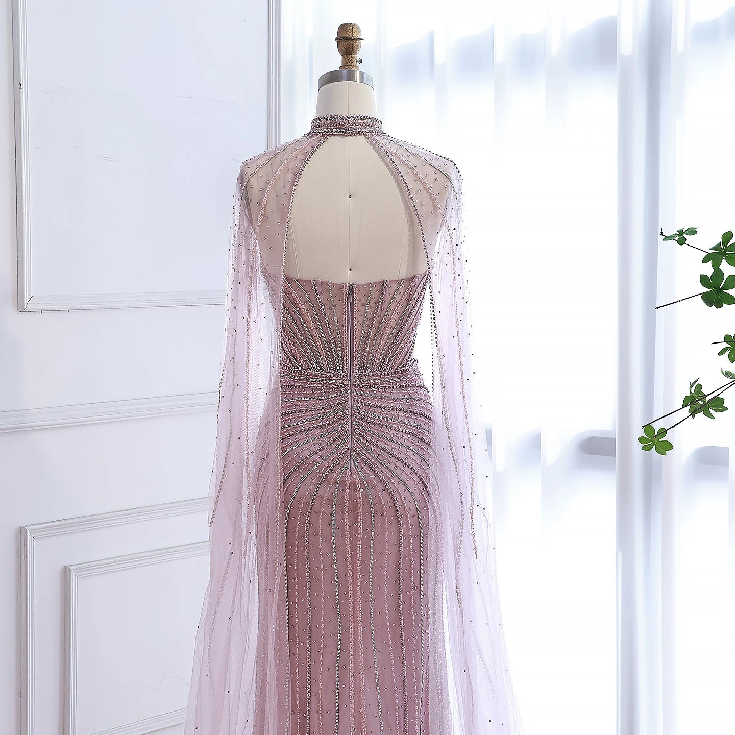 Luxury Dubai Caramel Beaded Evening Dress With Cape LA72811C - SERENE HILL