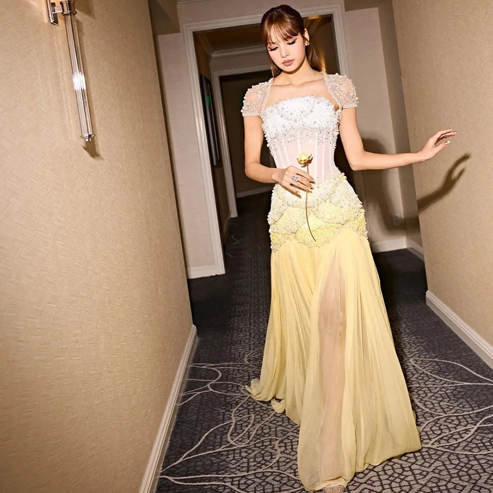 Luxury Yellow Pearls A-Line Evening Dress with Flowing Coat LA72978 - SERENE HILL