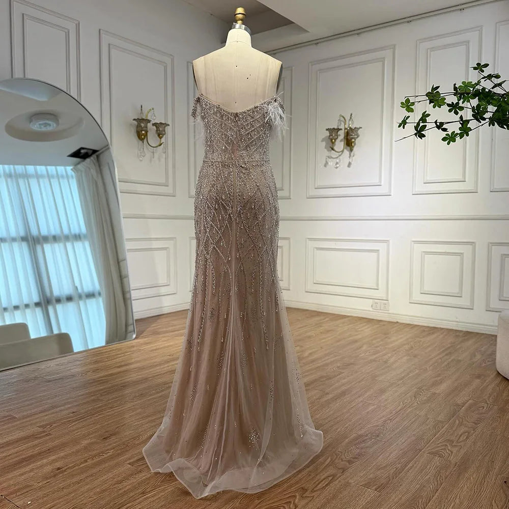 Luxury Nude Beaded Feather Mermaid Evening Dress Dubai Style LA72818 - SERENE HILL