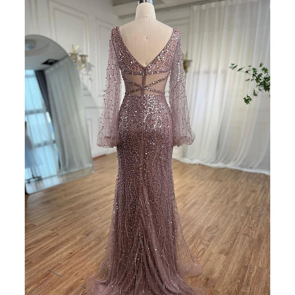 Serene Hill Sexy Mint Mermaid Elegant V-Neck Beaded Luxury Arabic Shiny Evening Dresses Gowns For Women Party 2025 LA71784 - SERENE HILL