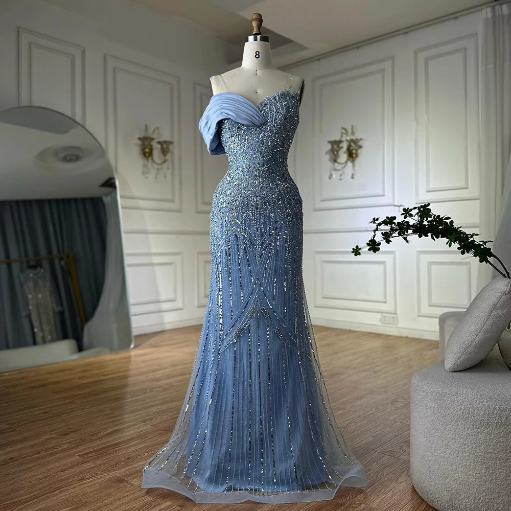 Luxury Dubai Arabic Green Mermaid Elegant One Shoulder Beaded Long Evening Dresses Gowns for Formal Occasion LA72650 - SERENE HILL
