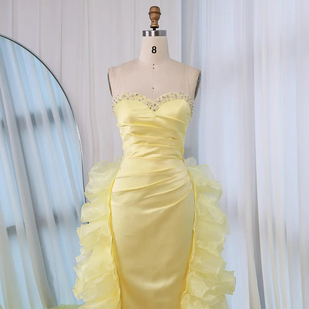 Luxury Dubai Evening Gown for Formal Occasion Elegant Yellow Dress with Ruffles and Beaded Details LA72889 - SERENE HILL