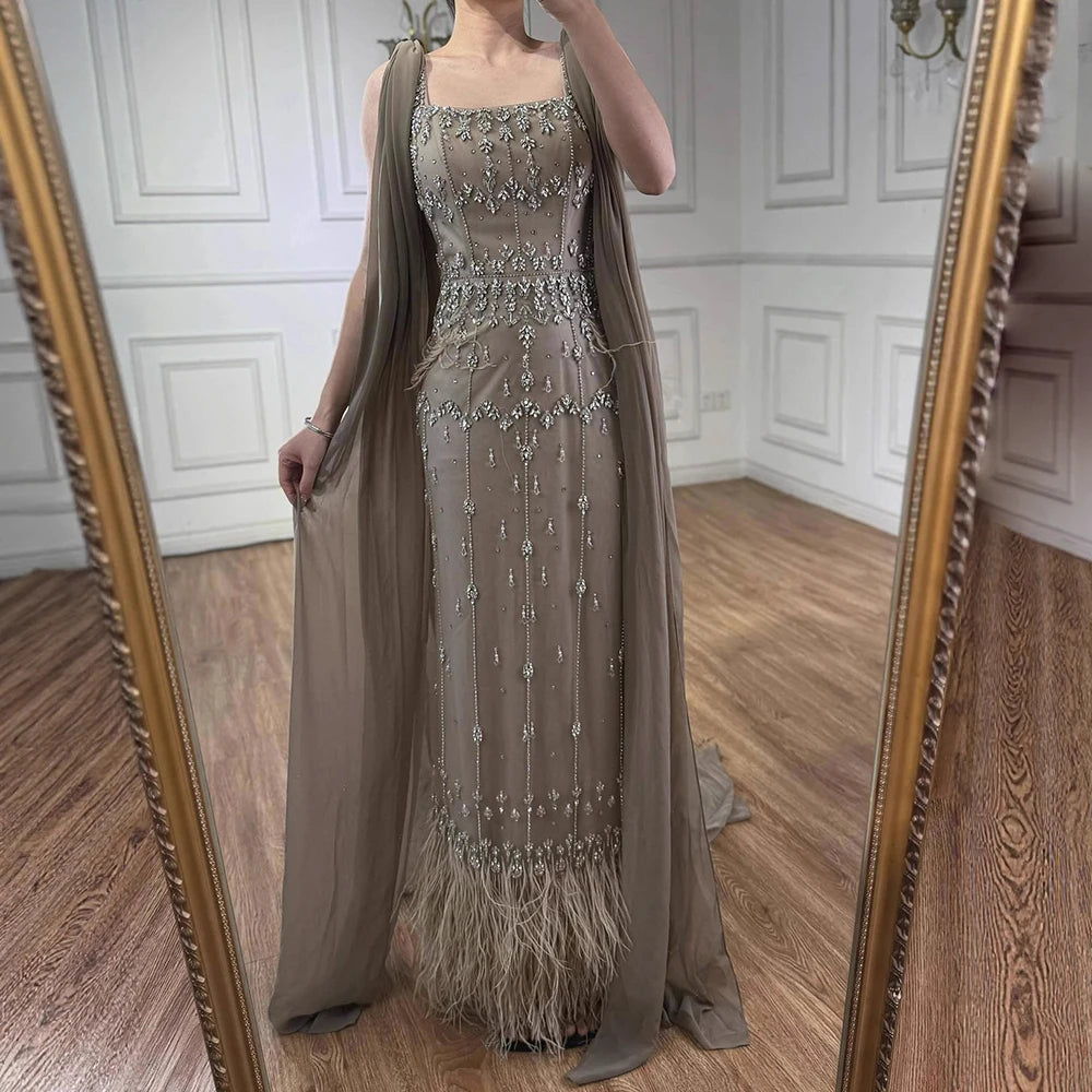 Luxury Caramel Beaded Mermaid Evening Dress with Feathers LA71492B - SERENE HILL