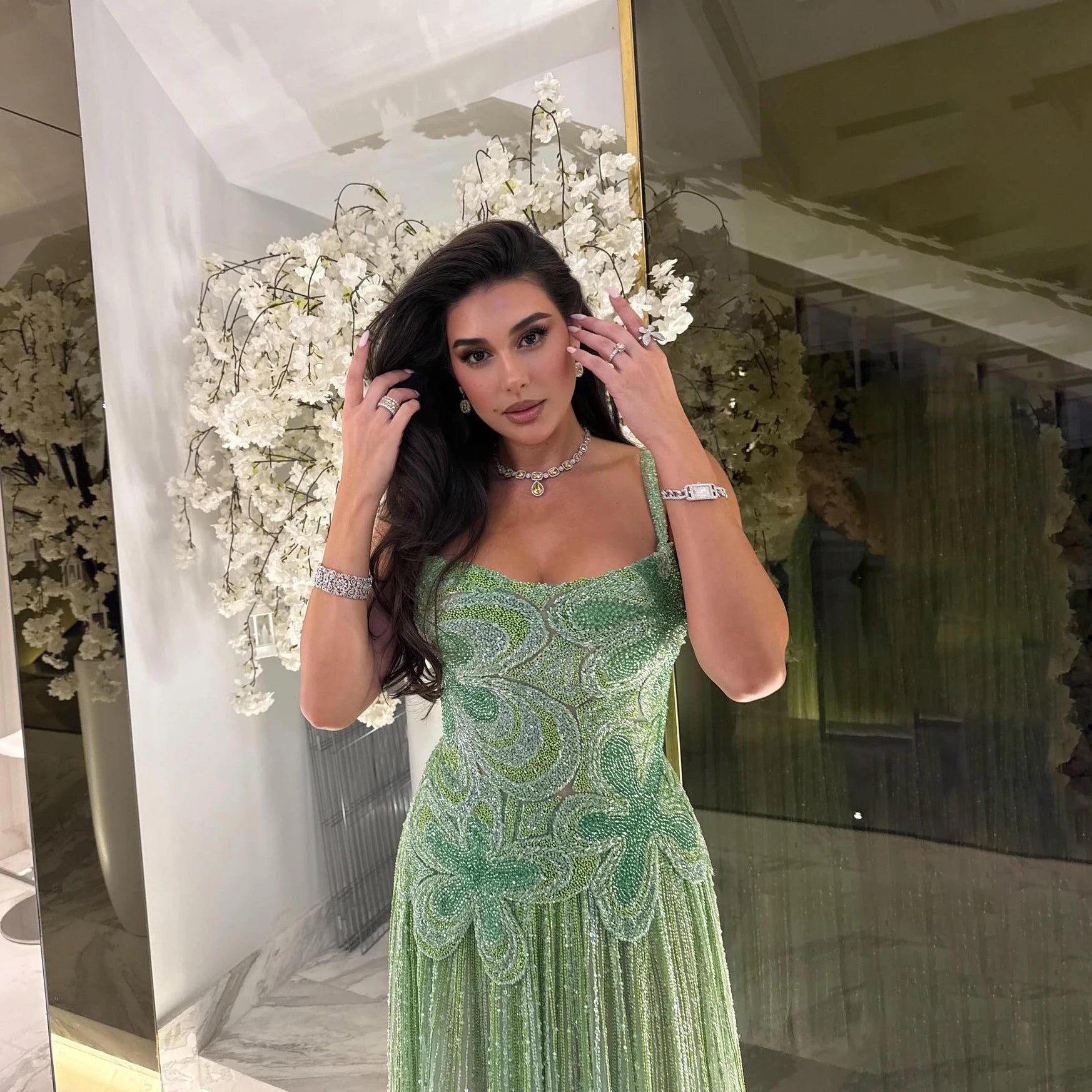 Luxury Arabic Green Beaded Spaghetti Strap Evening Dress LA73332 - SERENE HILL