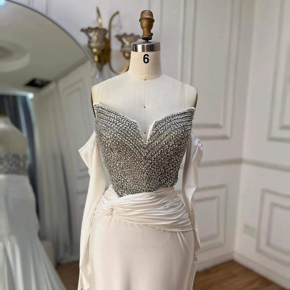 Luxury Dubai Elegant White Arabic Evening Gown with Crystal Beaded Dress and Gloves for Formal Occasion LA72758 - SERENE HILL