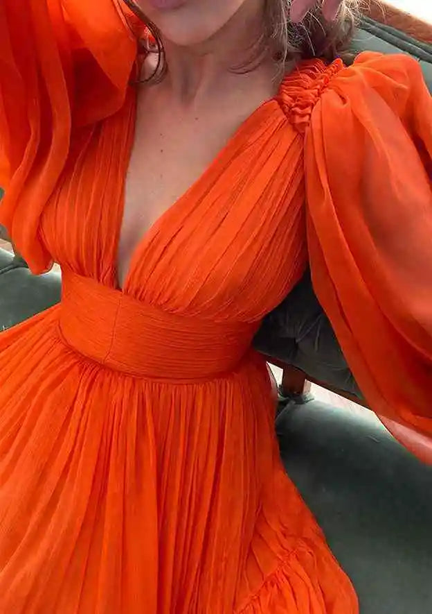 Serene Hill Arabic Red A-Line Long Sleeve Floor-Length Chiffon Prom Dress with Pleats for Women&