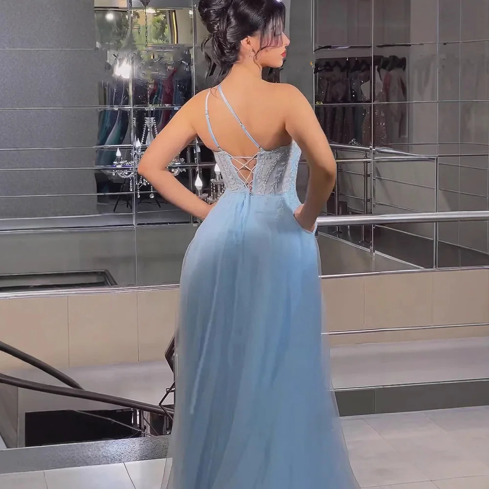 Serene Hill Blue Spaghetti Strap A Line One Shoulder Prom Dress 2025 LA72589 - SERENE HILL