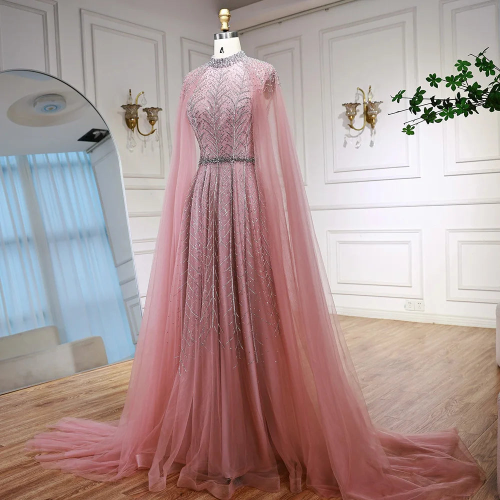 Luxury Elegant Pink Beaded Evening Dress with Cape LA73033 - SERENE HILL