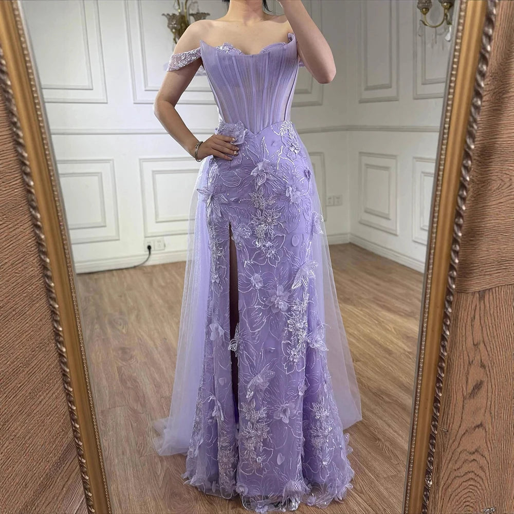 Lilac Off Shoulder Beaded High Slit Tulle Gown LA72874 - SERENE HILL