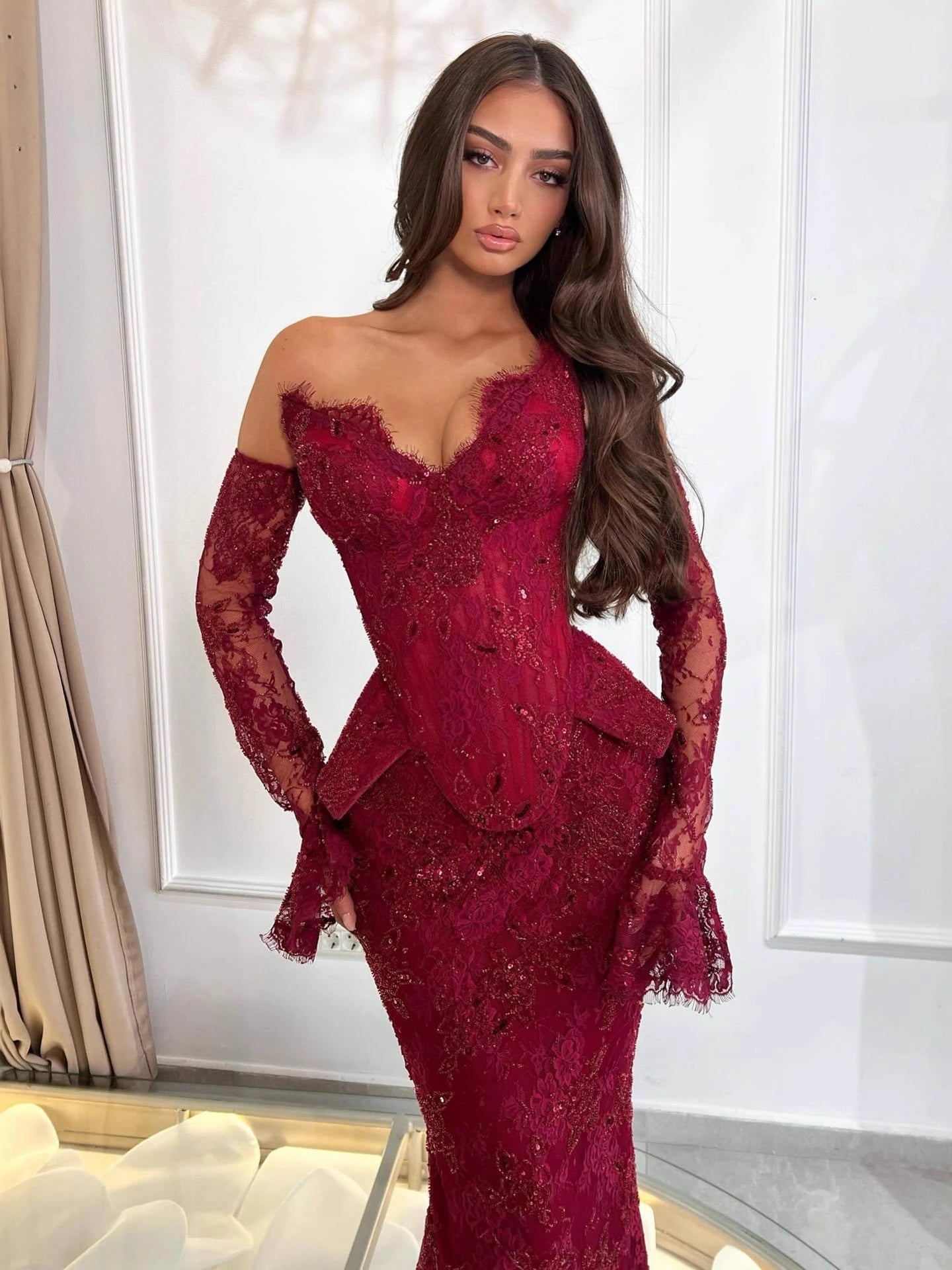 Luxury Wine Red Lace Beaded Mermaid Evening Dress LA73341 - SERENE HILL