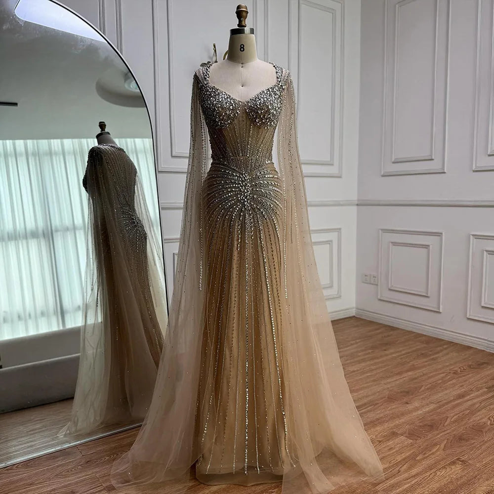 Luxury Nude Beaded Evening Dress with Cape Sleeves LA72575C - SERENE HILL
