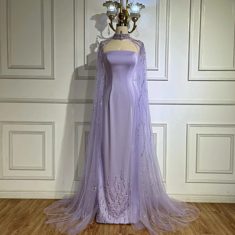 Lilac Elegant Evening Dresses with Luxury Beaded Long Cape Gown for Party LA72828 - SERENE HILL