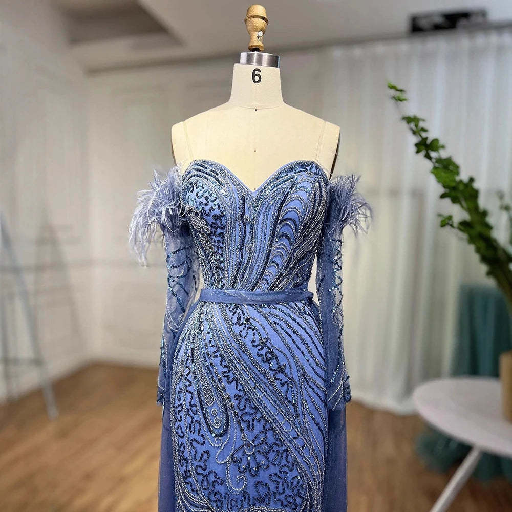 Luxury Arabic Nude Mermaid High Split Feather Beaded Evening Dress LA71910 - SERENE HILL