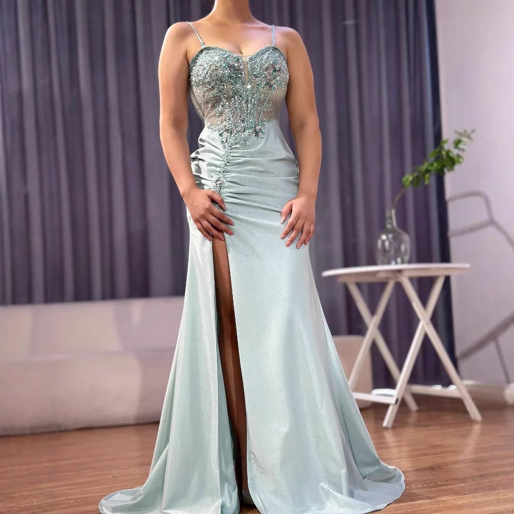 Classy Navy Satin Prom Dress with Lace Beaded and Slit LA73003 - SERENE HILL