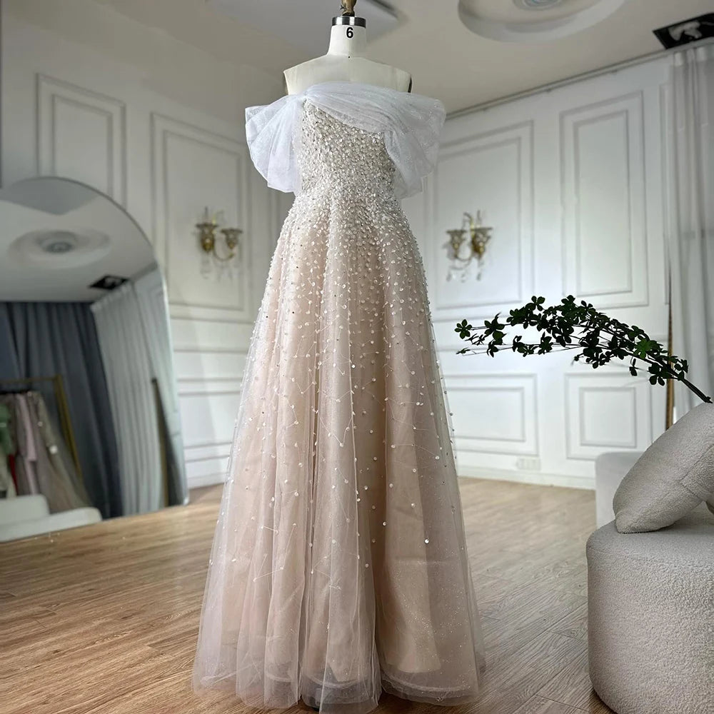 Luxury Dubai Arabic Blue Off Shoulder Beaded A Line Evening Dress LA72009A - SERENE HILL