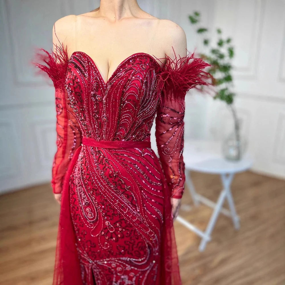 Luxury Arabic Nude Mermaid High Split Feather Beaded Evening Dress LA71910 - SERENE HILL