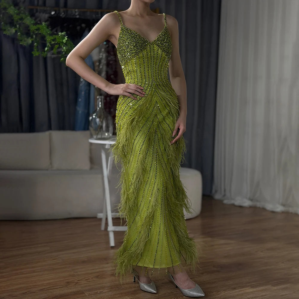 On Sale no return no refund Serene Hill Yellow Green Feathers Mermaid Sundress Evening Gowns Beaded Ankle Length Party Drsses 2025 For Women LA72055 - SERENE HILL