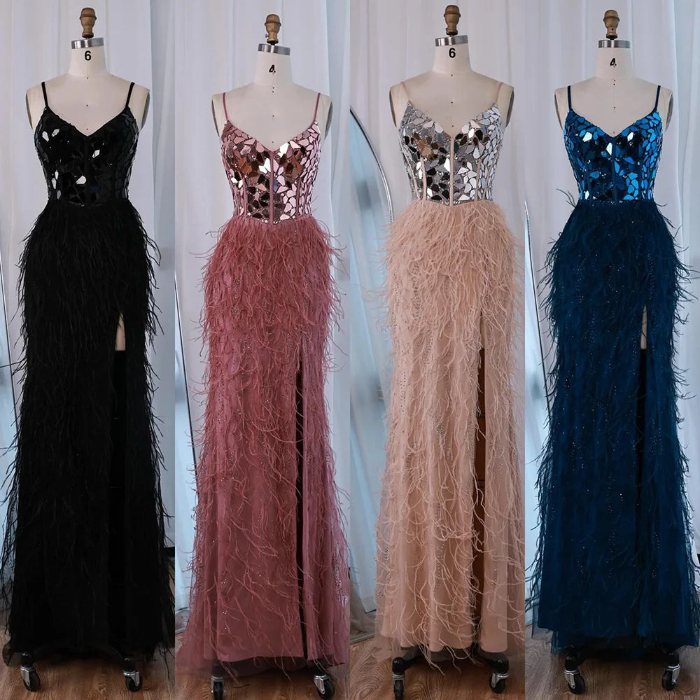 Luxury Peacock Blue Feather Evening Dress with Mirror Beaded Bodice LA73008 - SERENE HILL
