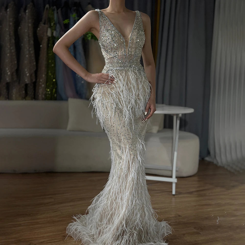 Serene Hill Arabic Blue Mermaid Elegant With Cape Luxury Beaded Feather Dubai Evening Dresses Gowns for Women Party LA71583B - SERENE HILL