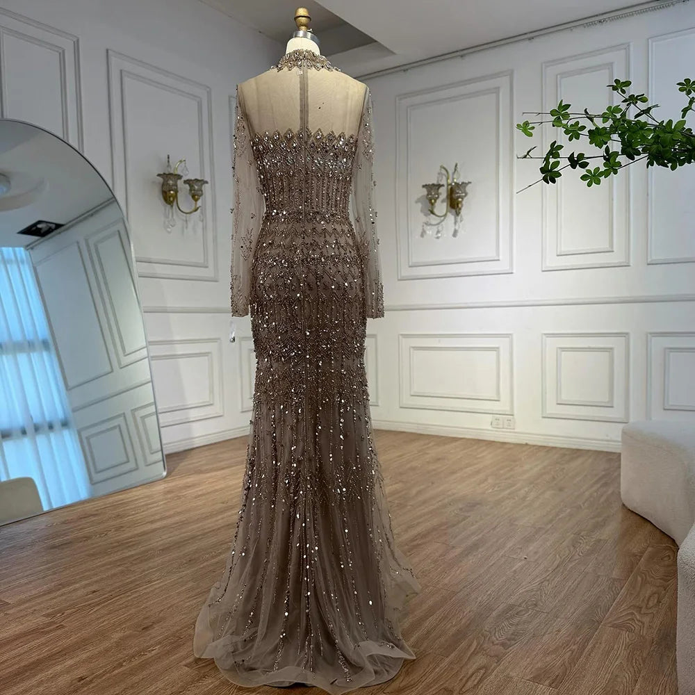 Luxury Arabic Turquoise Beaded Mermaid Evening Dress Long Sleeve LA72714C - SERENE HILL