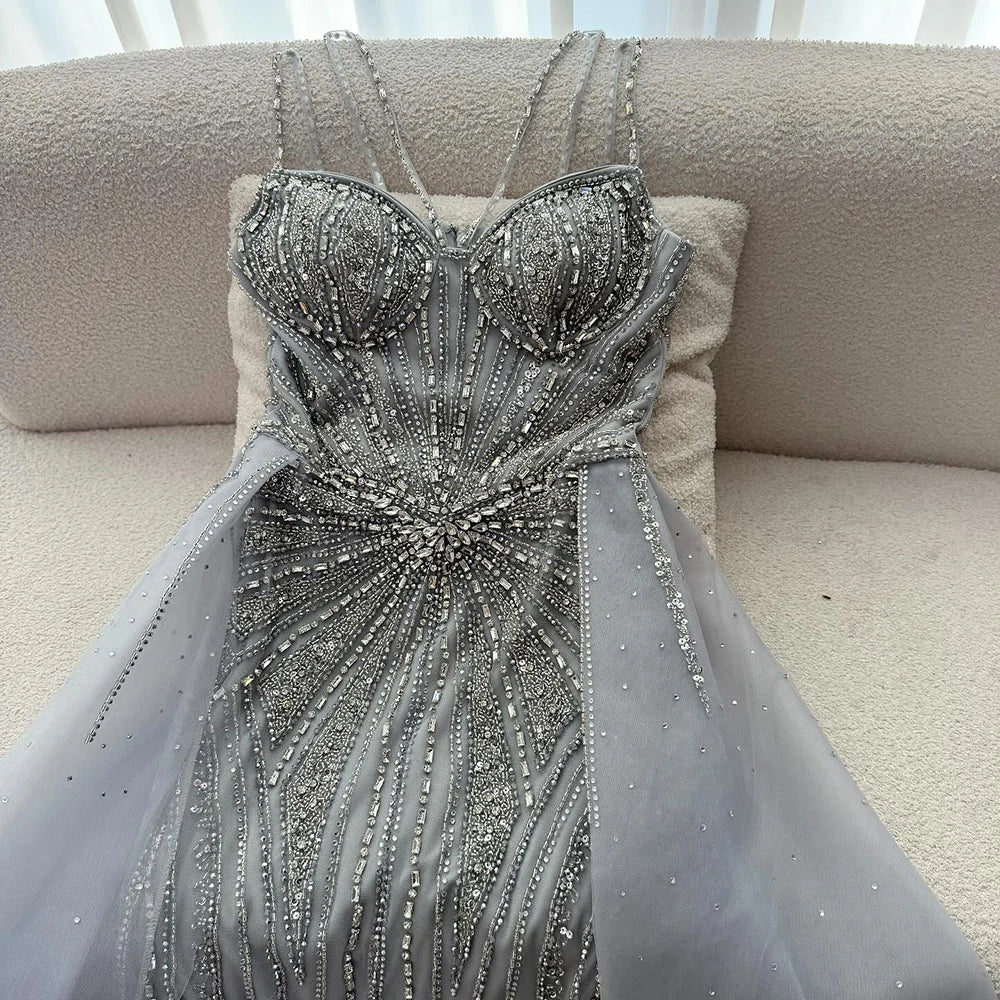 Luxury Nude Spaghetti Strap Mermaid Evening Dress with Overskirt Beaded LA73090 - SERENE HILL