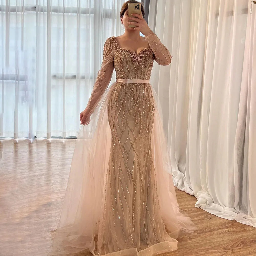 Serene Hill Blue Mermaid Luxury Pearls Beaded Arabic Elegant Evening Dresses Gowns For Woman Wedding Party LA71861 - SERENE HILL