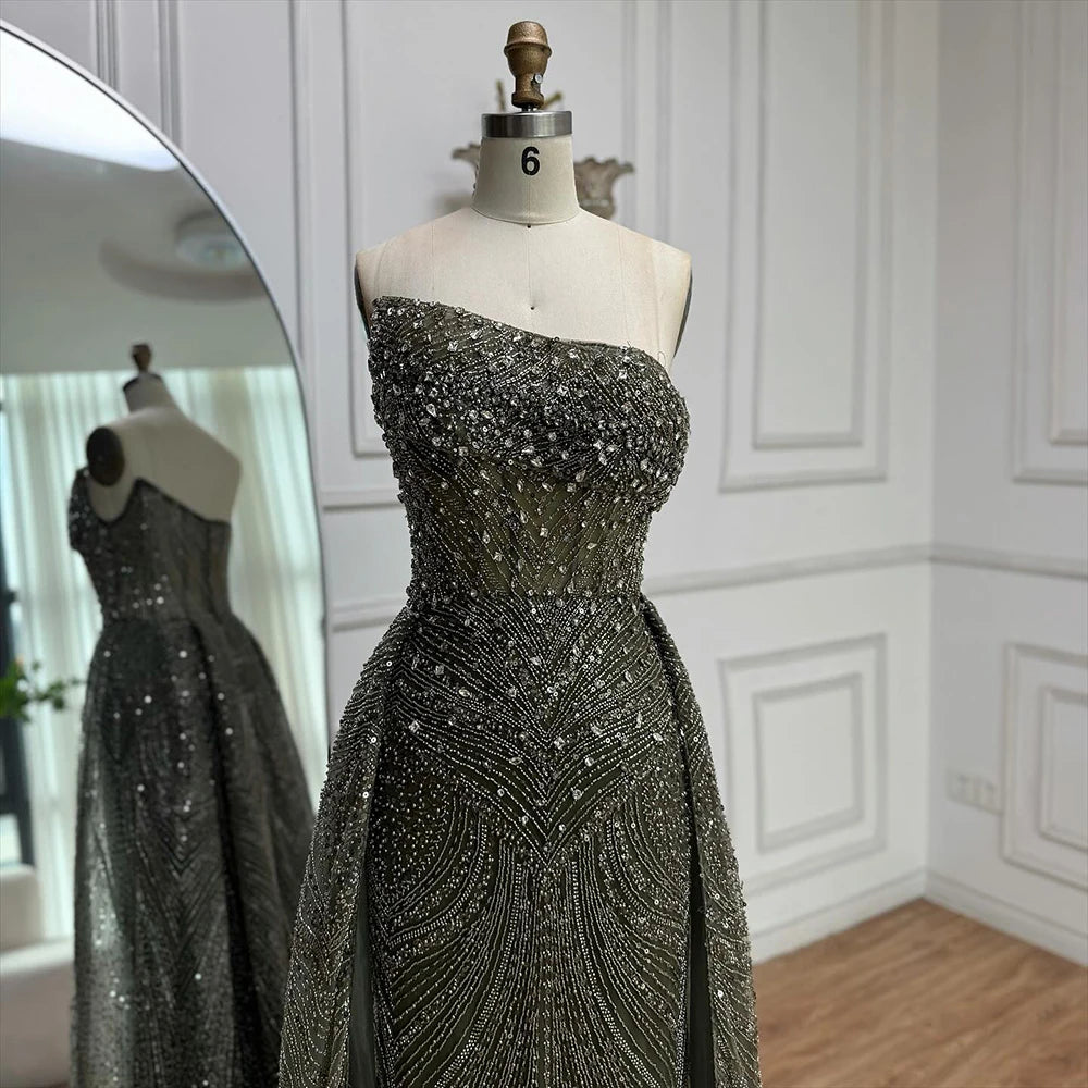 Luxury Olive Green Beaded Mermaid Evening Dress with Overskirt LA73164 - SERENE HILL