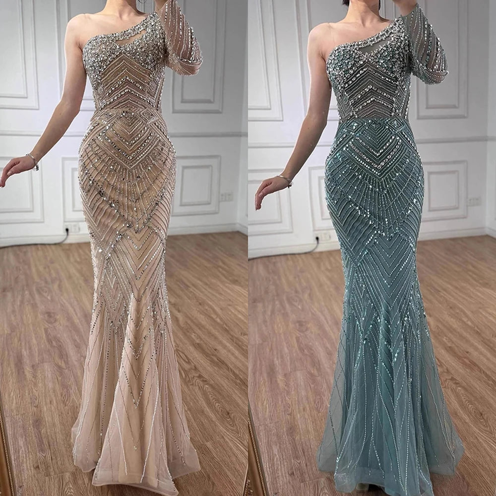 Luxury Nude One Shoulder Long Sleeve Beaded Evening Dress LA73180 - SERENE HILL