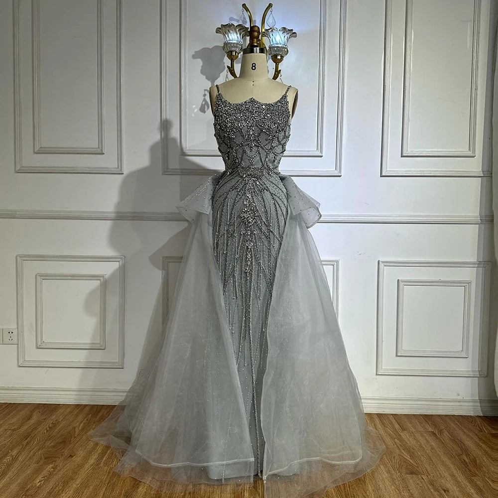 Luxury Dubai Nude Saudi Beaded Spaghetti Strap Evening Dress with Overskirt LA72810 - SERENE HILL