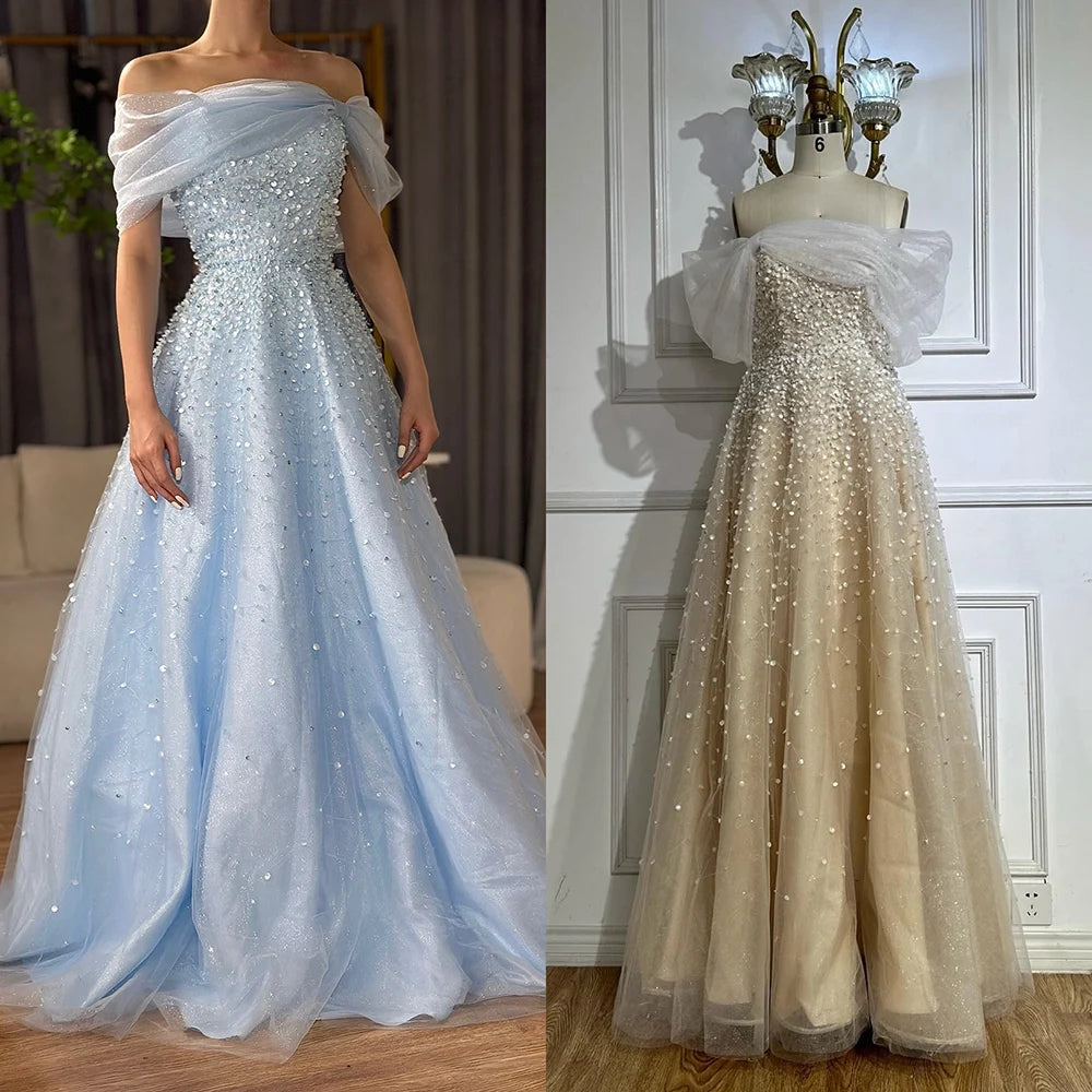 Luxury Dubai Arabic Blue Off Shoulder Beaded A Line Evening Dress LA72009A - SERENE HILL
