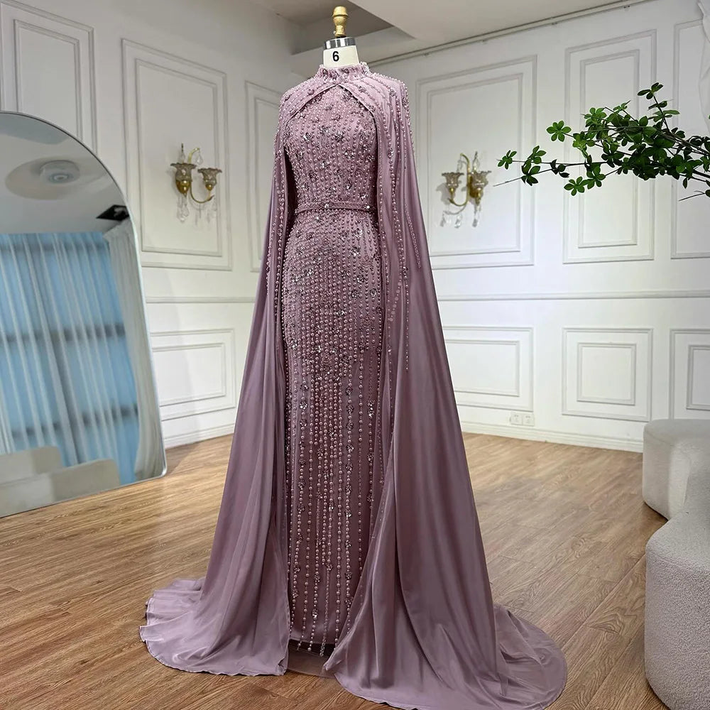 Modest Blue Muslim Beaded Evening Gown with Cape Sleeves LA72533 - SERENE HILL