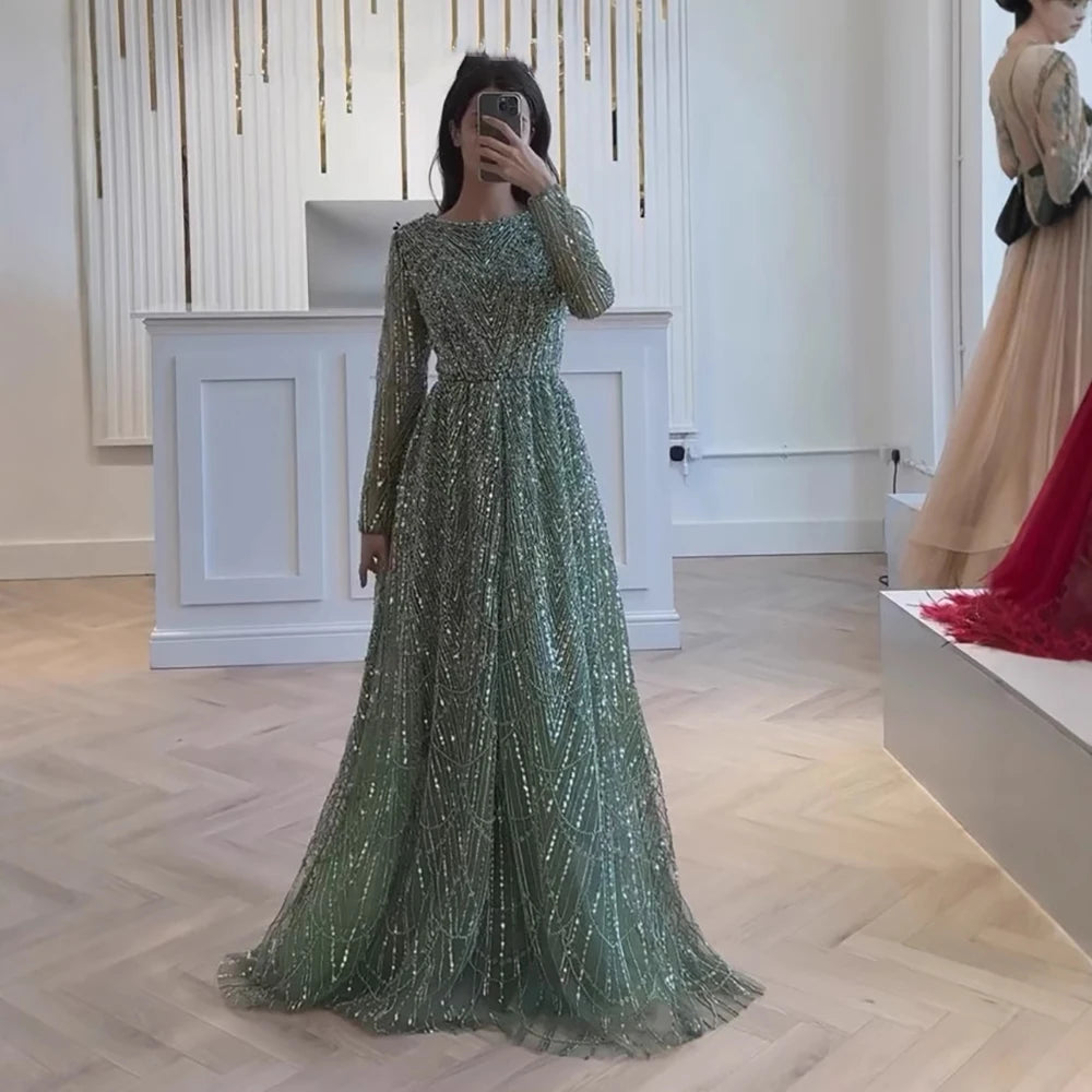 Luxury Olive Green Beaded A-Line Modest Evening Dress Plus Size LA72738B Sage Green / 8 Luxury Olive Green Beaded A-Line Modest Evening Dress Plus Size LA72738B Sage Green / 8