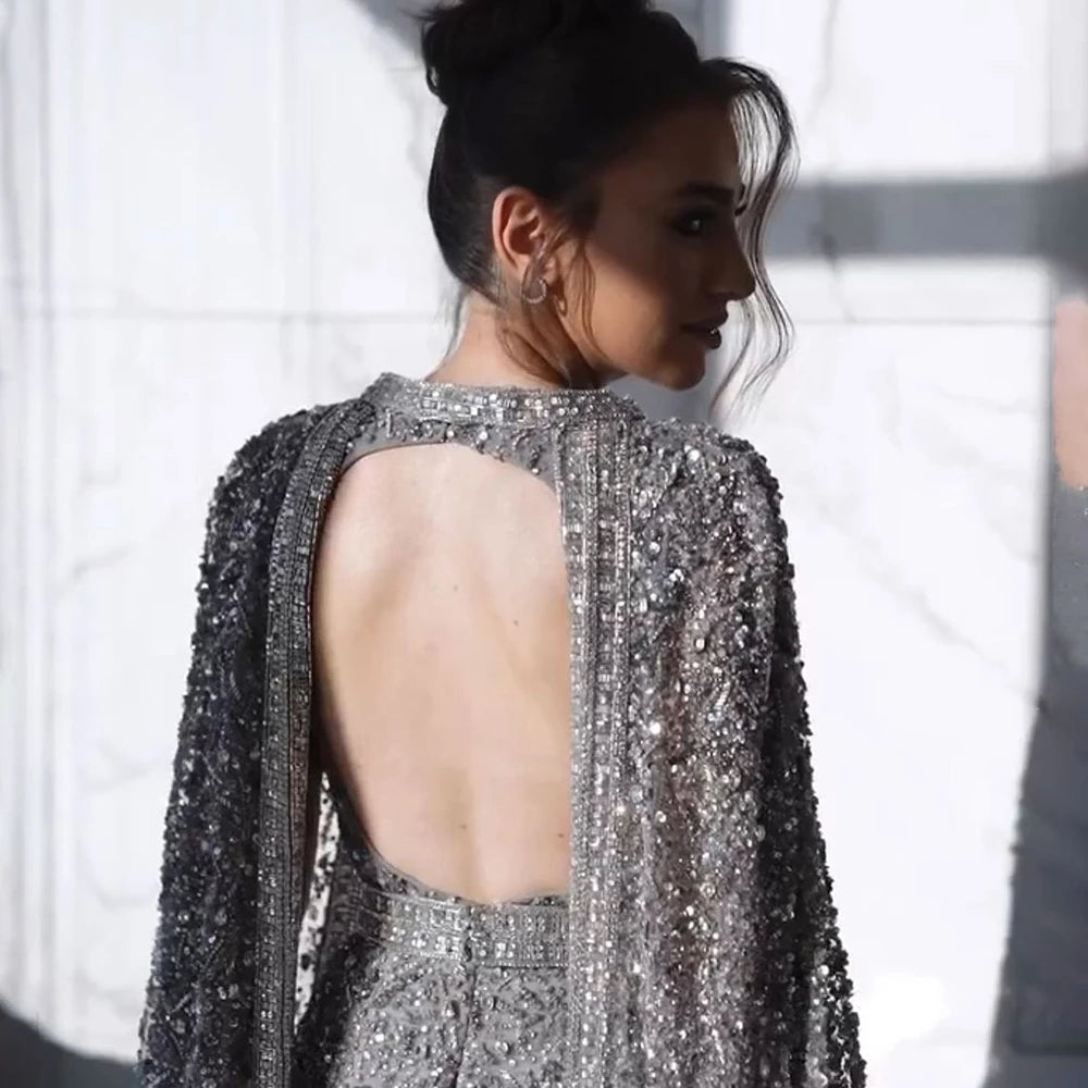 Luxury Gray Arabic Mermaid Evening Dress with Cape LA72180 - SERENE HILL