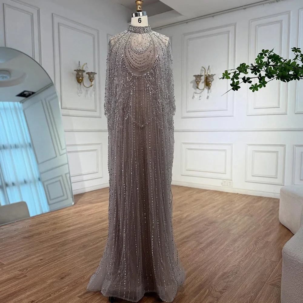 Luxury Silver Nude Beaded Mermaid Evening Dress with Cape LA72484A - SERENE HILL