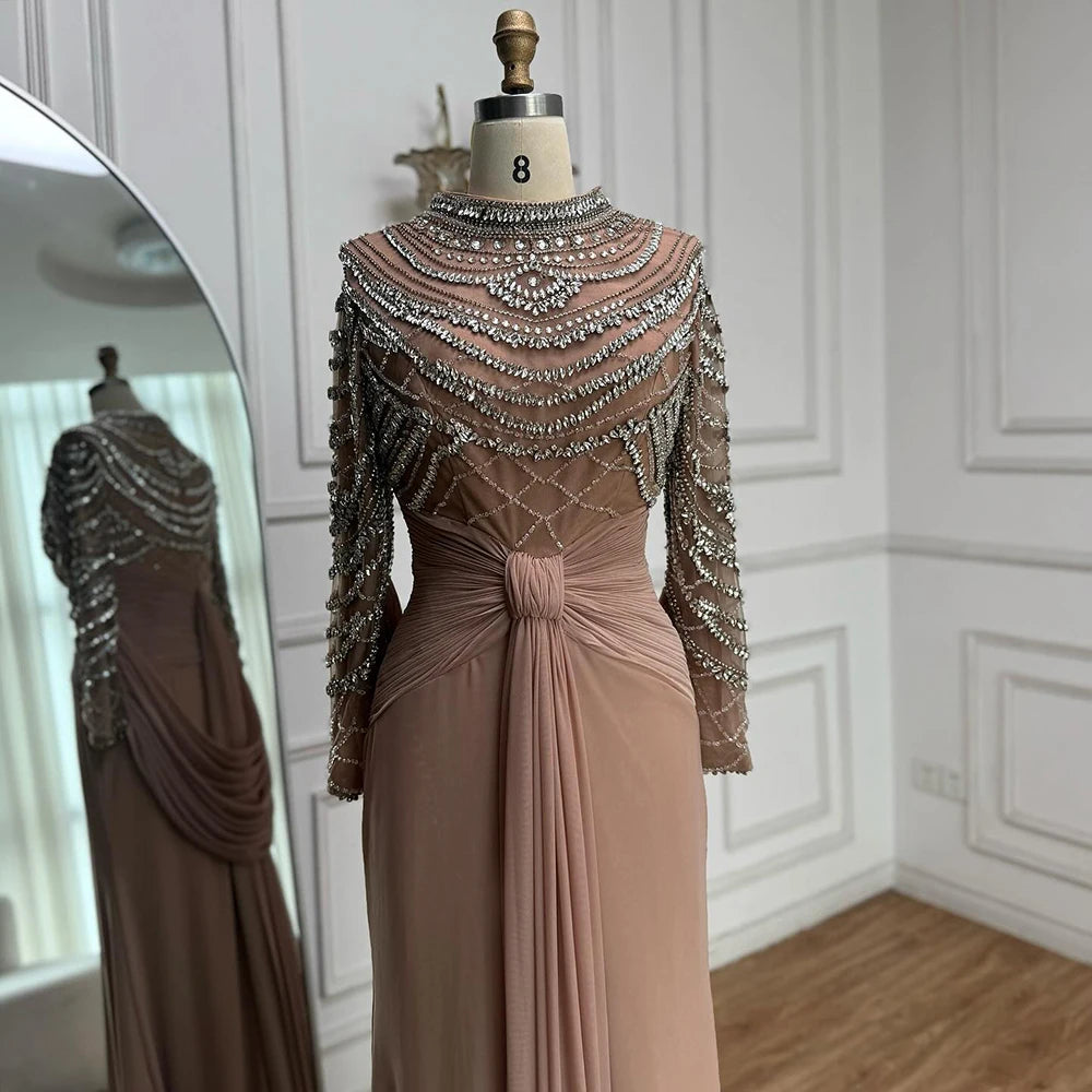 Luxury Designer Modest Brown Stretch Material Mermaid Evening Dress LA72993 - SERENE HILL