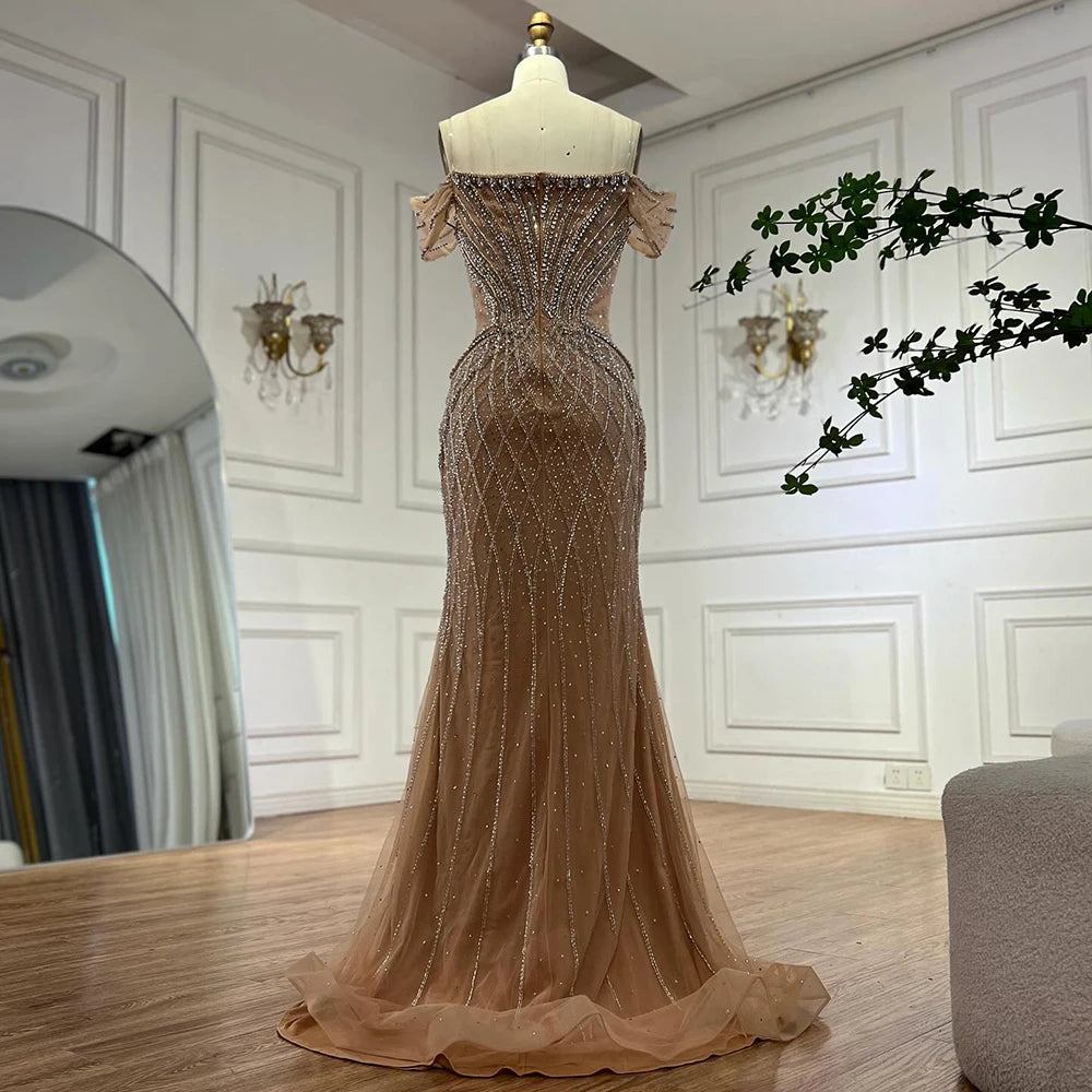 Saudi Arabic Off Shoulder Nude Beaded Tulle Mermaid Evening Gown LA72854 - SERENE HILL
