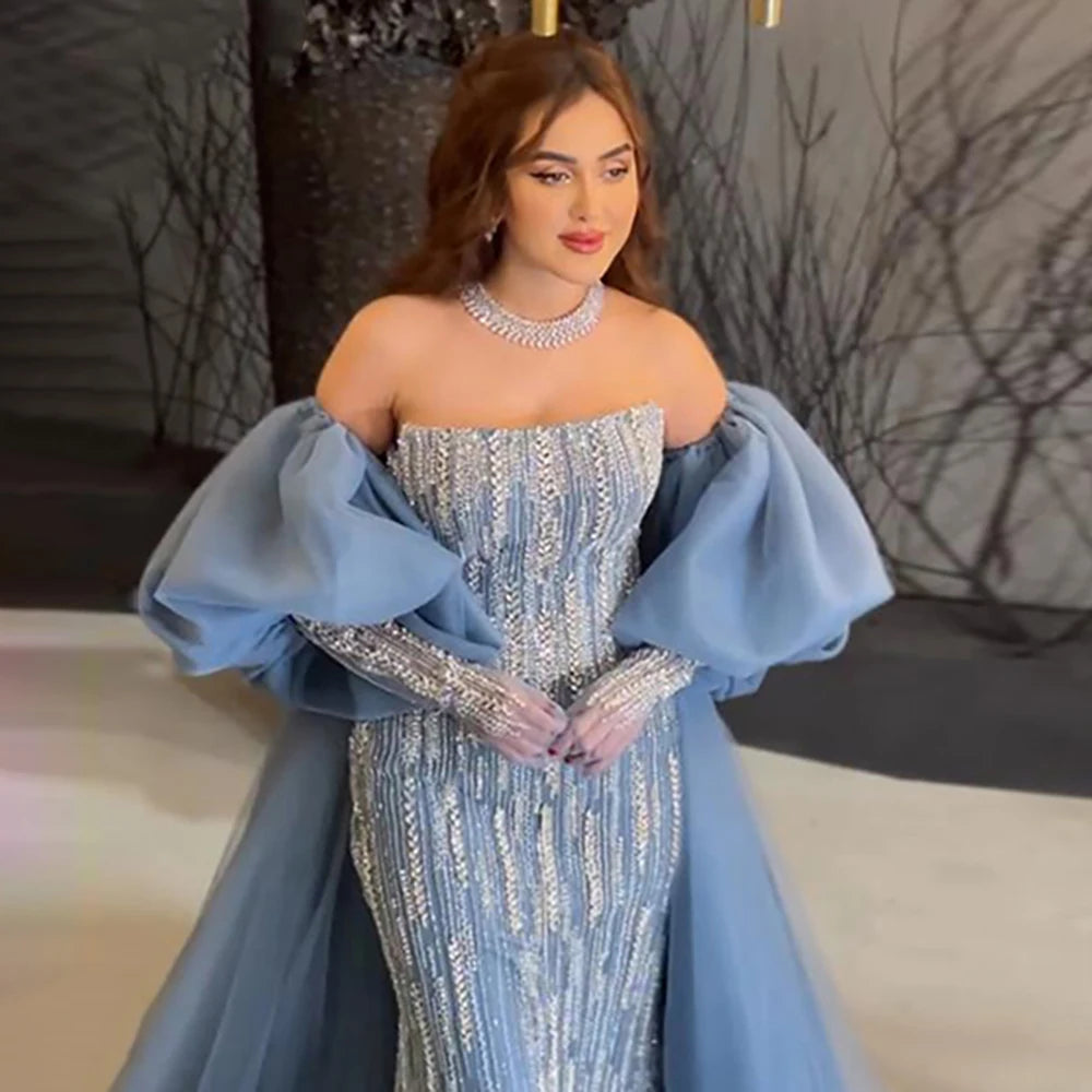 Luxury Dubai Arabic Blue Mermaid Balloon Sleeves Beaded Evening Dresses LA71823 - SERENE HILL
