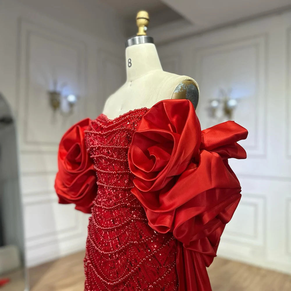 Red Long Cape Pearls Beaded Mermaid Evening Dress Gown LA72585A - SERENE HILL