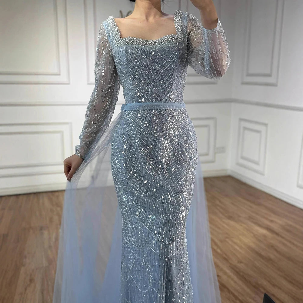 Blue Square Evening Dress With Long Sleeve Plus Size LA72032N - SERENE HILL