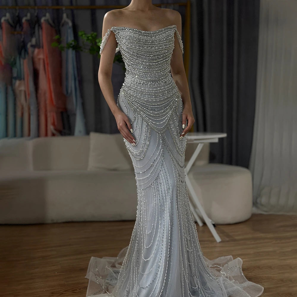 Luxury Crystal Silver Gray Pearl Beaded Evening Dress LA72253 - SERENE HILL