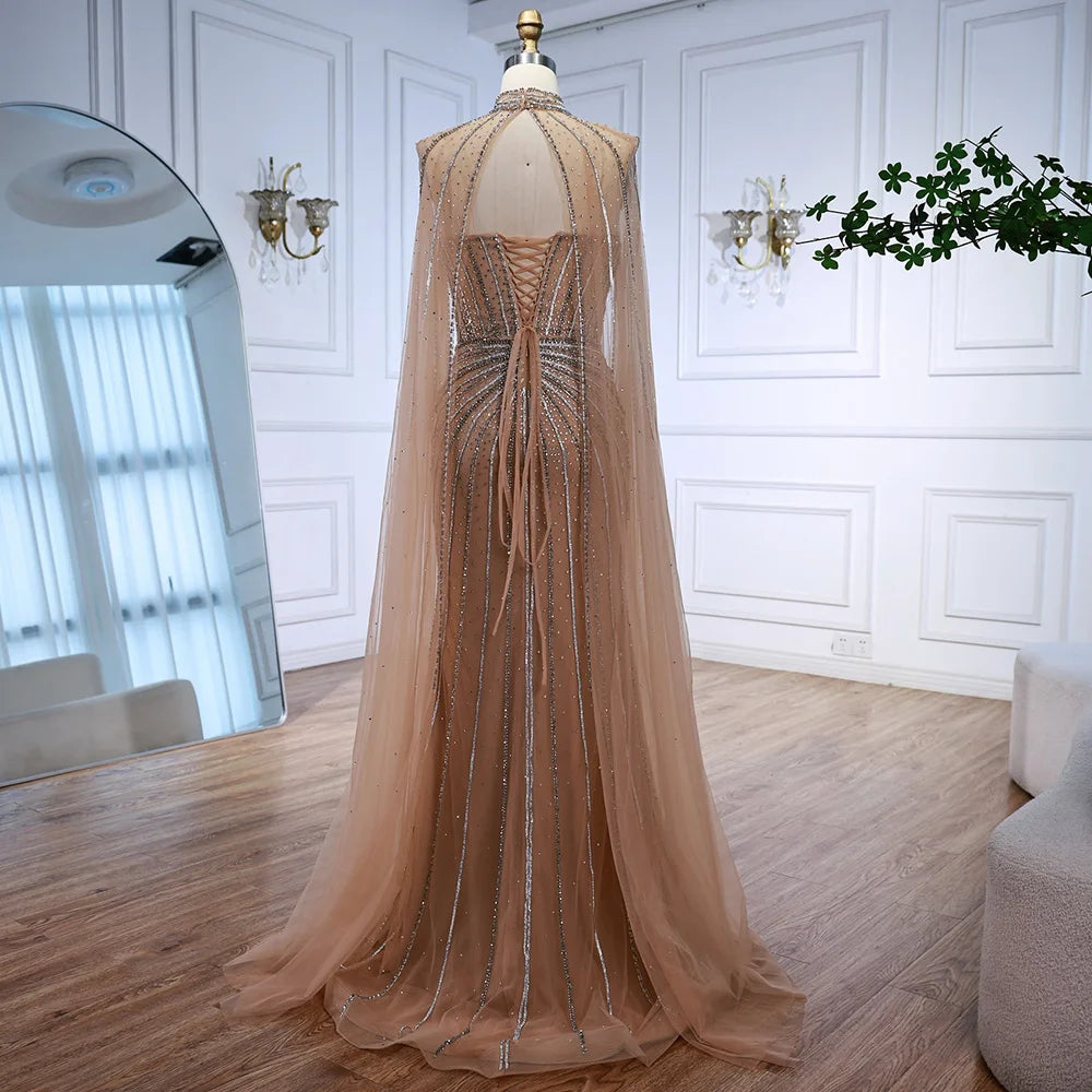 Nude Luxury Beaded Mermaid Evening Gown with Cape Sleeves LA72811A - SERENE HILL