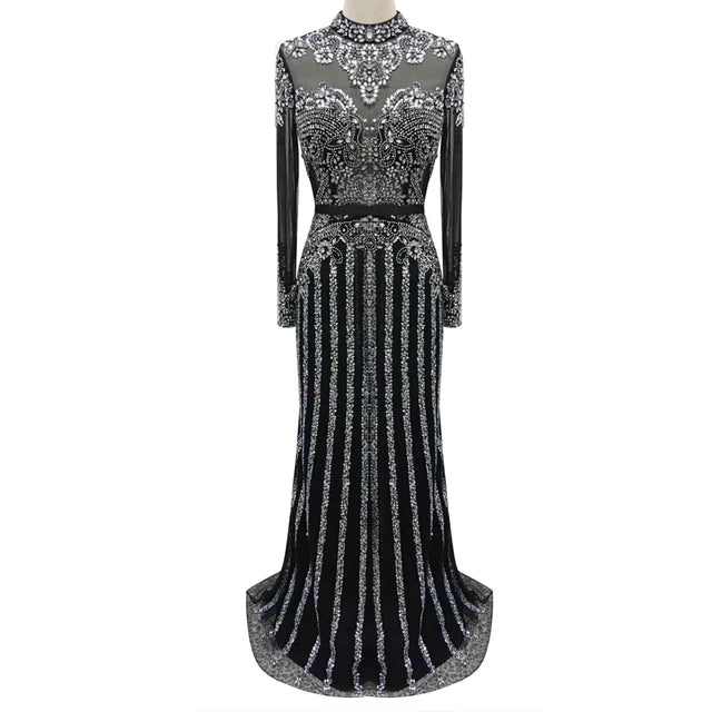 Serene Hill Luxury Muslim Gray Luxury Long Elegant with Detachable Train Mermaid Evening Gowns Dresses For Woman LA70199 - SERENE HILL